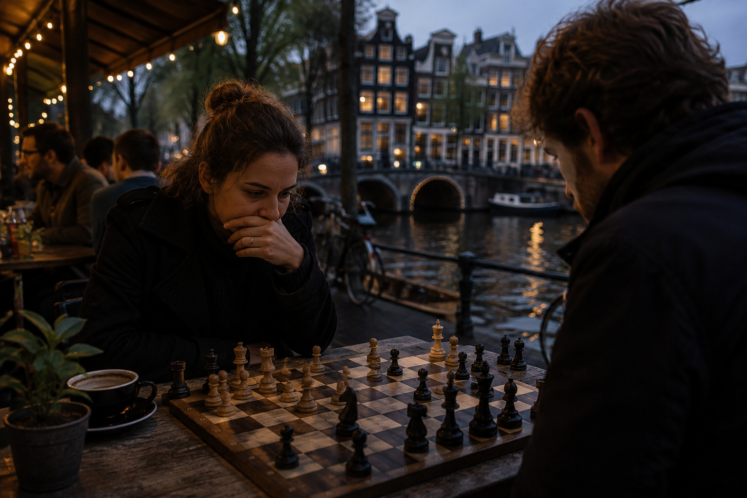Two people playing chess beside an Amsterdam canal at dusk