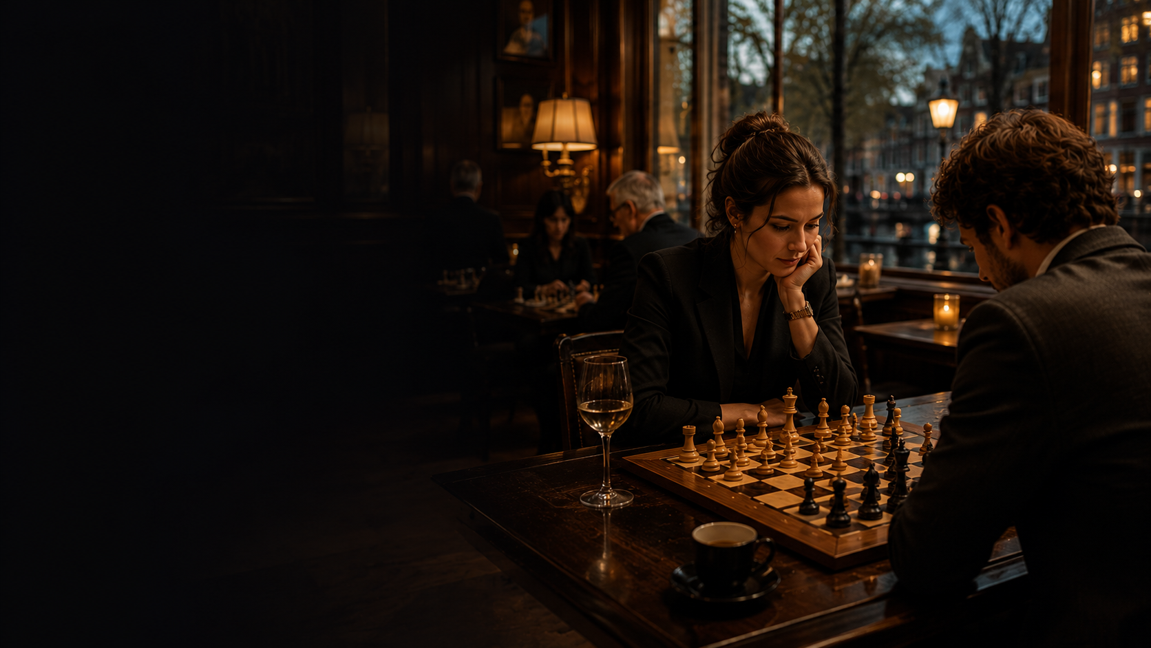 A woman in thoughtful concentration during a chess game in an elegant Amsterdam café at dusk